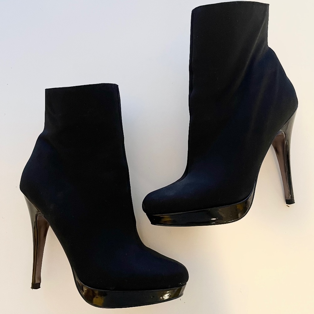 Charlie by Charles David Black Fabric Platform Booties with Patent Leather Heels